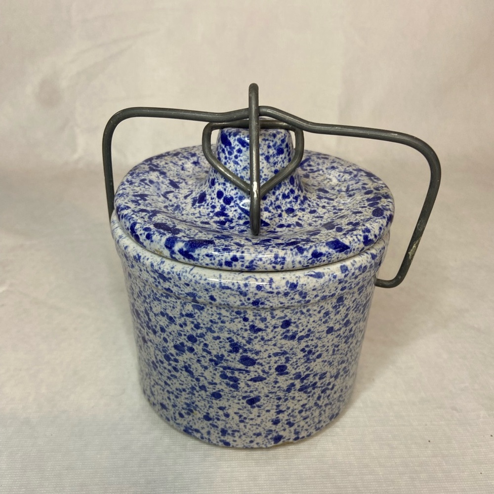 Crock With Metal Fastener Stoneware Speckled Lidded Blue Pottery Vintage